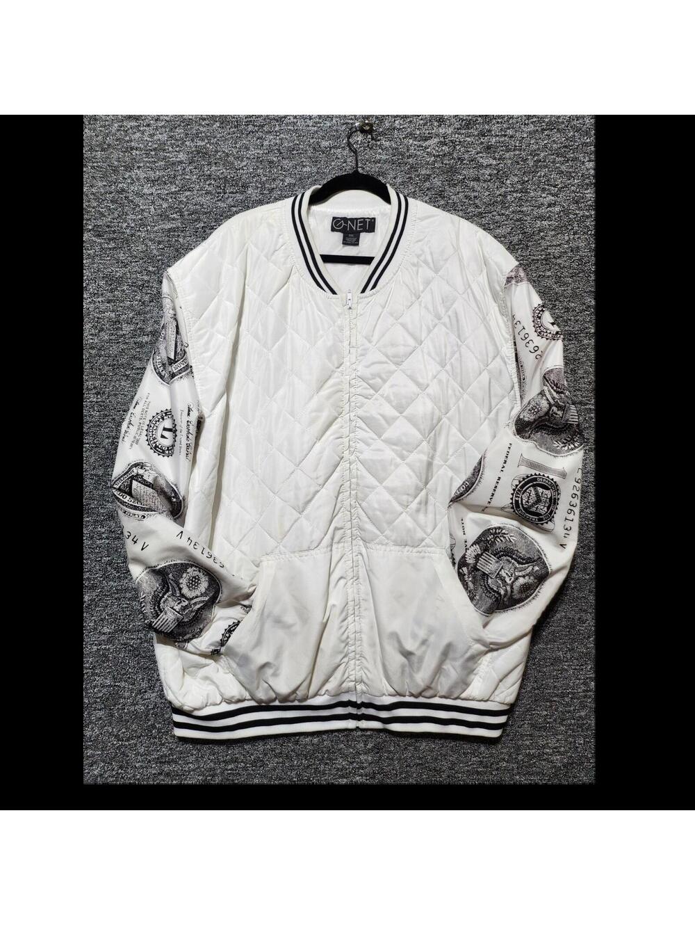 G-NET Men's White Quilted Bomber Jacket Graphic Logo Zip Pockets 3XL Big & Tall